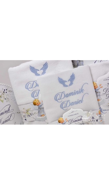 Trusou botez cu ingeri si flori de bumbac personalizat pentru baieti Ingerul Albastru 12